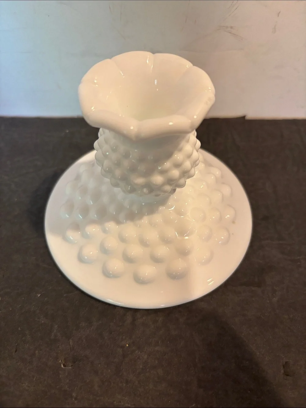 Fenton 3974 White Hobnail Milk Glass Flat Footed 3” Glass Candle Holders - Pair